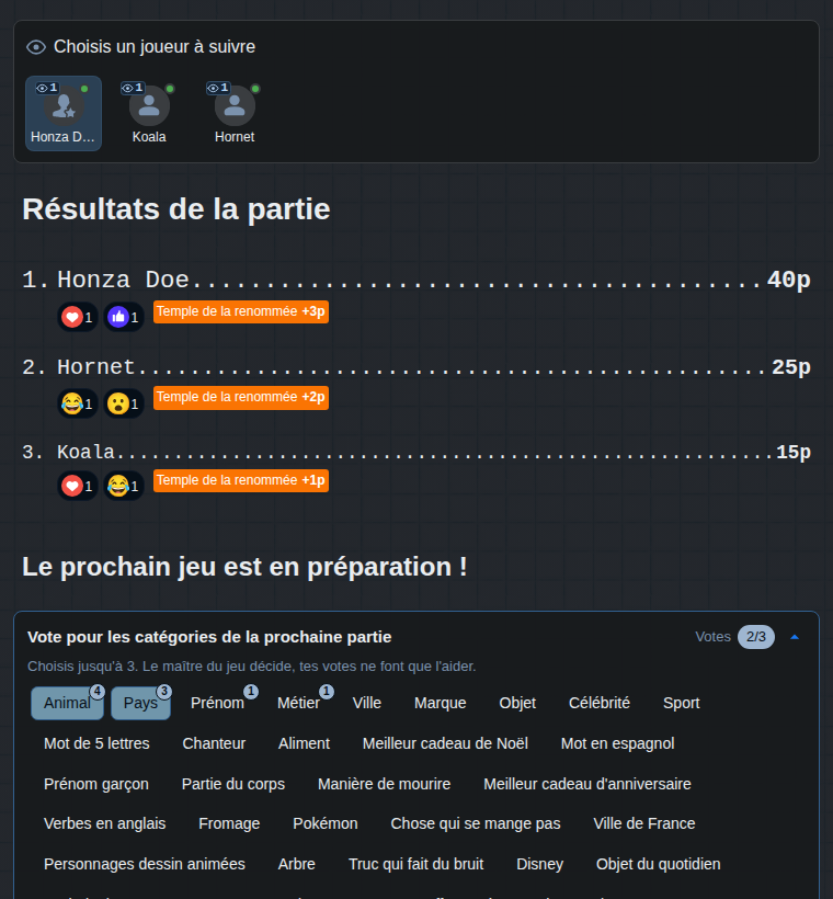 La fin de la partie du point de vue du spectateur : résultats et vote pour les catégories de la partie suivante