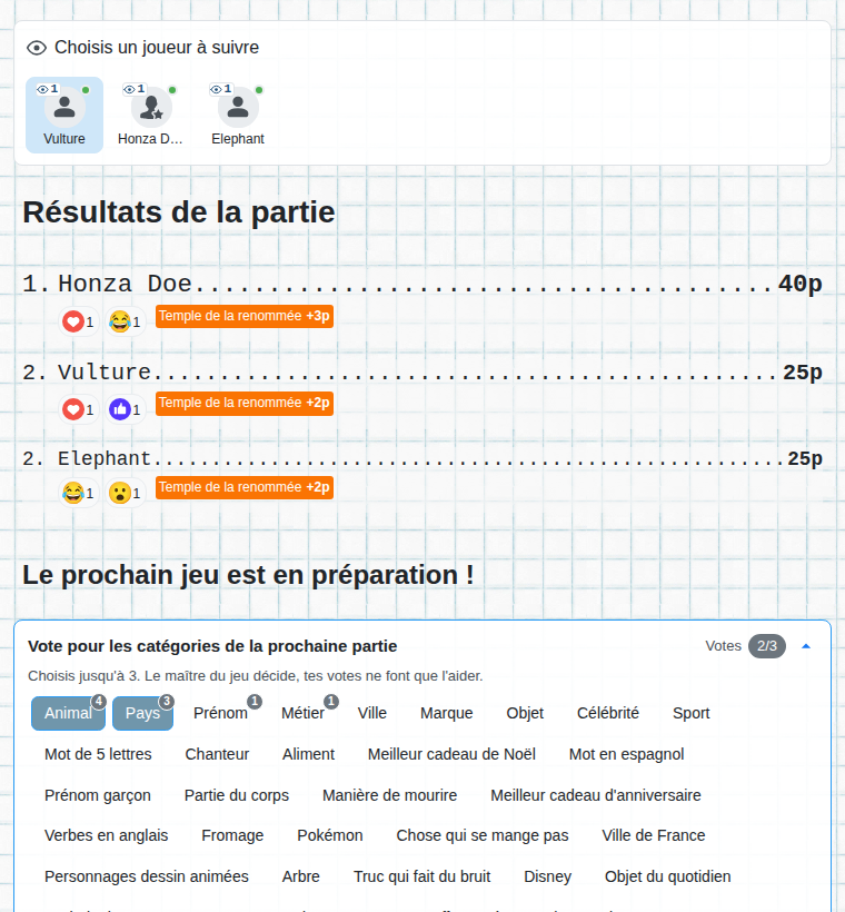 La fin de la partie du point de vue du spectateur : résultats et vote pour les catégories de la partie suivante
