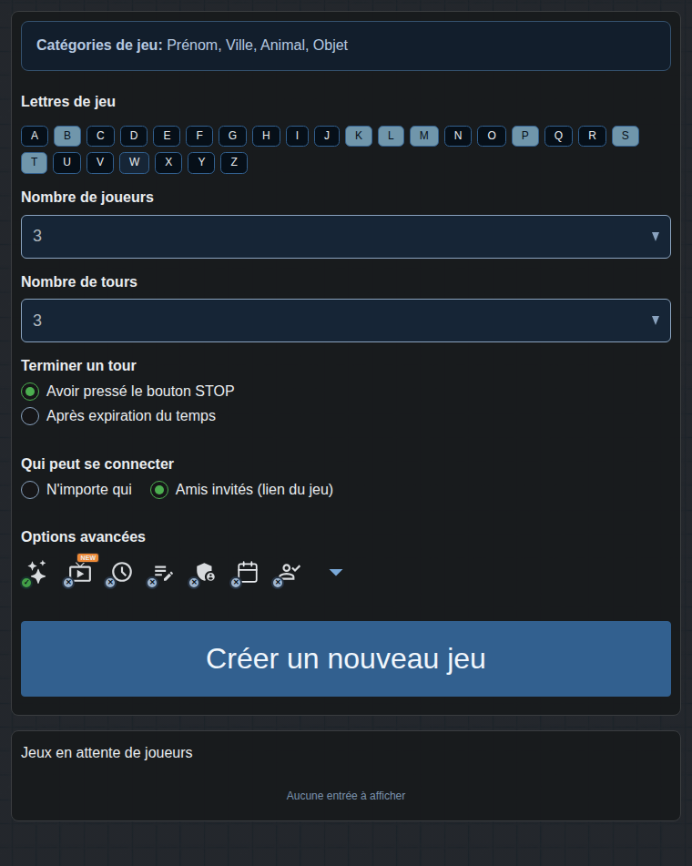 Formulaire de création de partie
