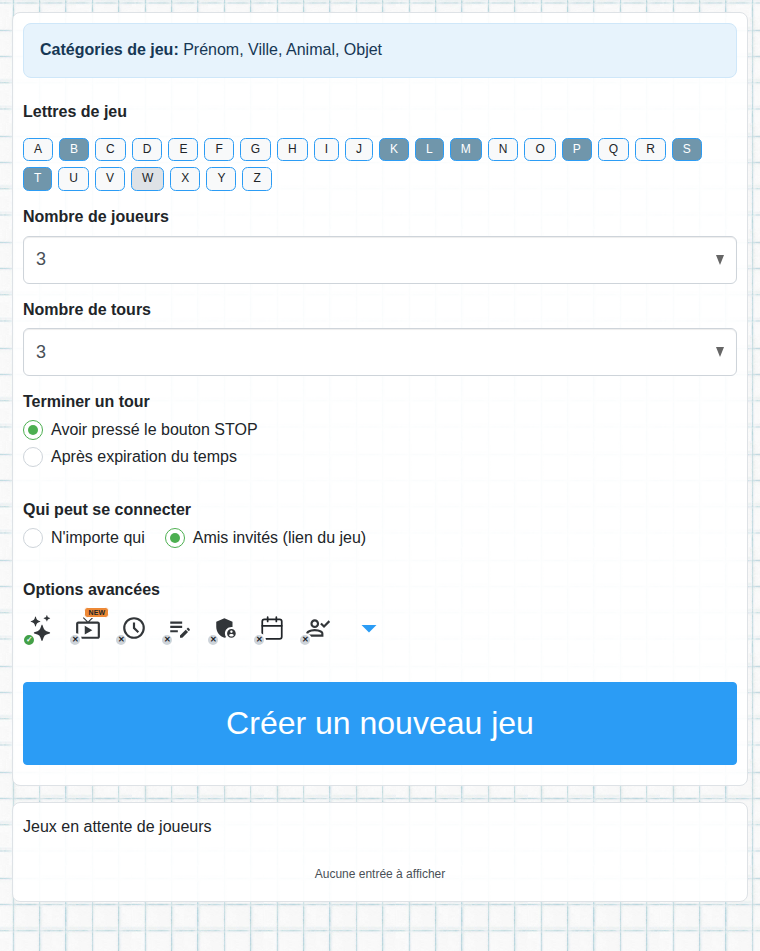 Formulaire de création de partie