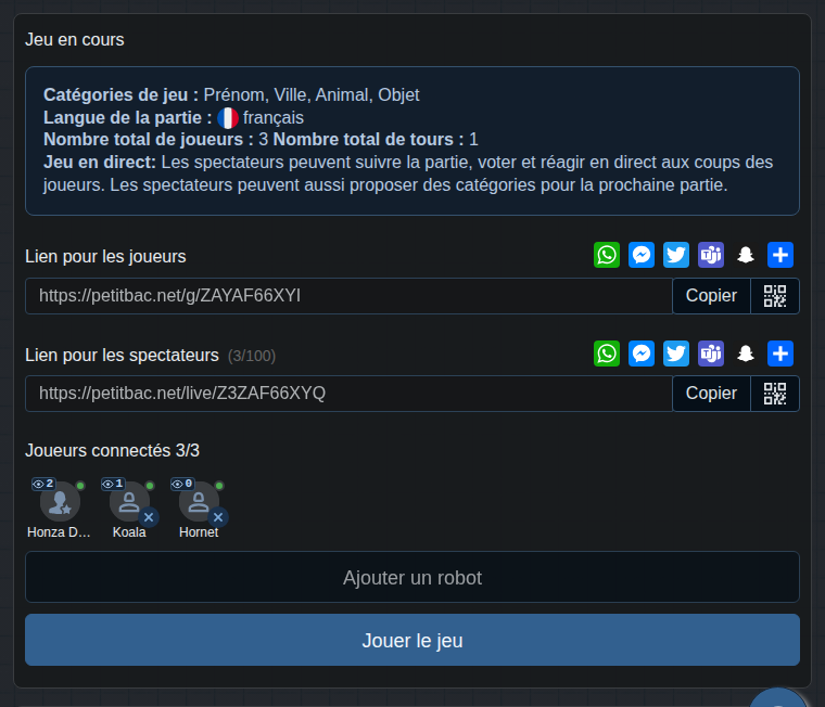 Lobby avec le lien pour les spectateurs