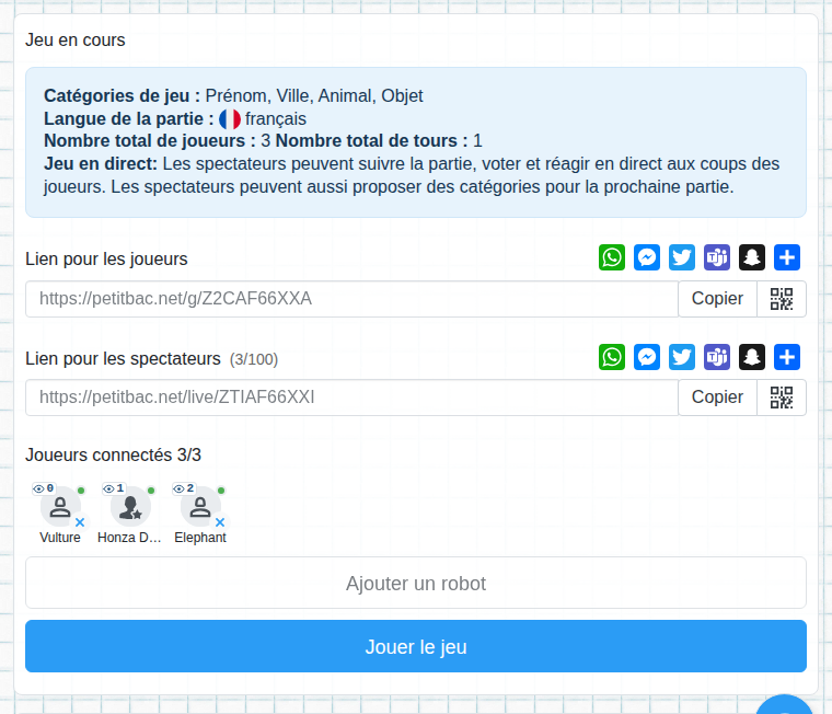 Lobby avec le lien pour les spectateurs