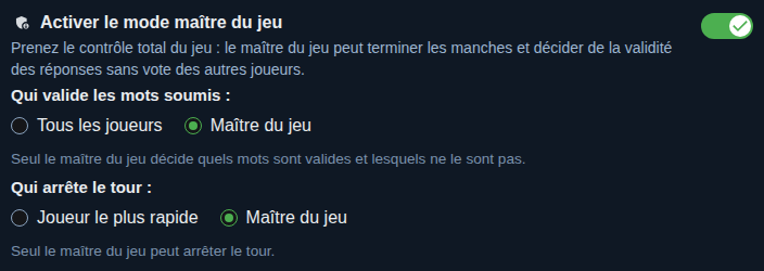 Réglage : mode maître de la partie