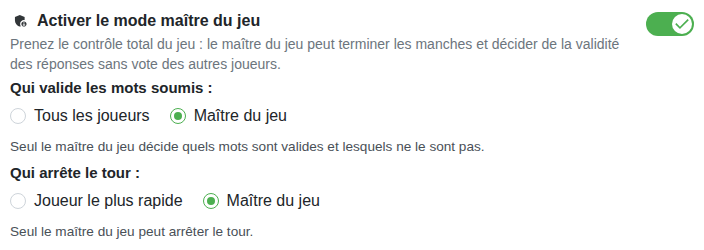 Réglage : mode maître de la partie